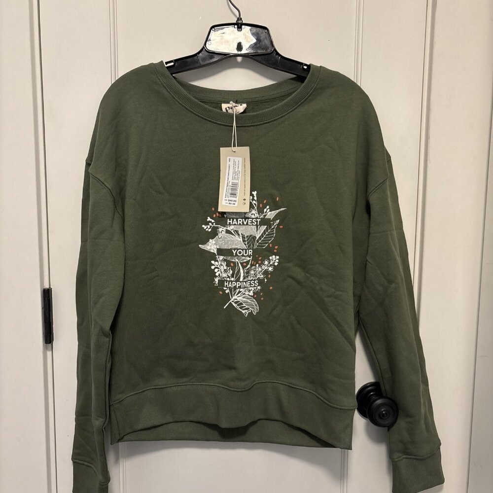 Pact Women’s Harvest Happiness Graphic Slouchy Sweatshirt Green Fleece Small